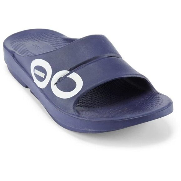 OOFOS Ooahh Sport Recovery Slide Sandals Navy Unisex M7/W9 Open Toe Big Logo - Picture 1 of 10